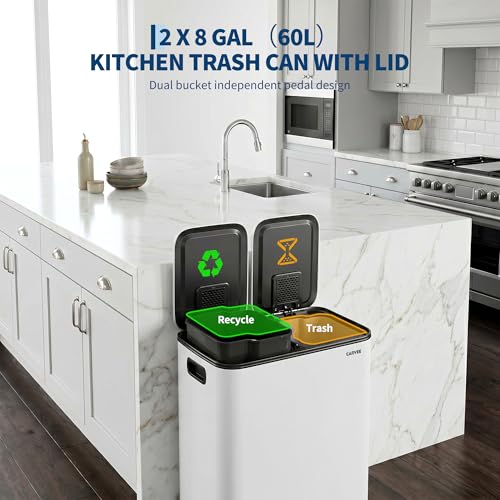 2x8 Gal Dual Compartment Stainless Steel Kitchen Trash Can with Lid, 30L+30L Recycling Garbage Bin, Soft Close Foot Pedal Trash Bin with 2 Removable Inner Buckets, Fingerprint Resistant for Home Offic - color: White, size: 2x8 Gal