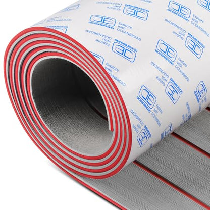 OCEANBROAD Boat Flooring EVA Foam Self-Adhesive Faux Teak Marine Decking - color: Gray with Red Lines, size: 96''L x 21.6''W-14.4sqft
