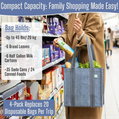 VENO 2/4 Pack Compact Reusable Grocery Shopping Bags with Hard Bottom - color: Gray-4 Pack