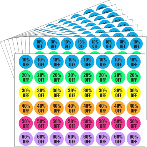 Percent Off Sticker 10 to 60 Discount Stickers,7/8 Inch Round Sale Stickers - style: Color OFF 10% -60%