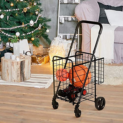 Happygrill Foldable Shopping Cart, Grocery Cart on Wheels with Double Basket, Swivel Wheels and Adjustable Handle, Utility Cart or Grocery Laundry Luggage Travel