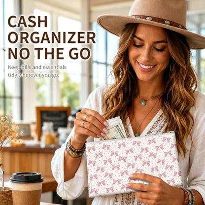 Money Bag with Zipper, Cute PU Leather Cash Bags, Portable Bank Bag Money Pouch for Cash, Coins, Checks, Receipts, Invoices Cosmetics Tools, Deposit Bag for Office Travel, Pink Bow - color: Pink Bow