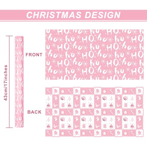 Ulmasinn Reversible Christmas Wrapping Paper Pink Mini Roll 17 Inches X 33 Feet for Girls Kids,printed with “Ho Ho” and Pink Holiday Collection Design for Festivals, Parties, Celebrations - color: Christmas Pink