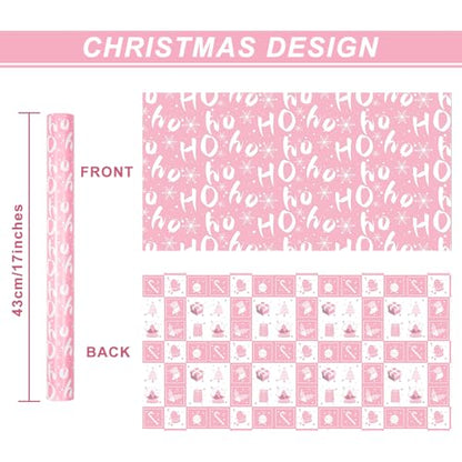 Ulmasinn Reversible Christmas Wrapping Paper Pink Mini Roll 17 Inches X 33 Feet for Girls Kids,printed with “Ho Ho” and Pink Holiday Collection Design for Festivals, Parties, Celebrations - color: Christmas Pink