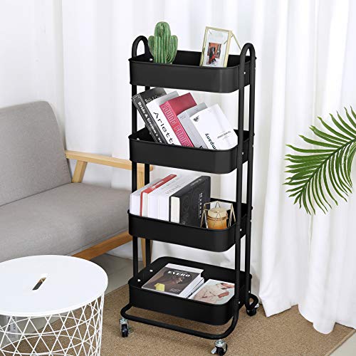 4-Tier Metal Mesh Utility Rolling Cart Storage Organizer Shelf Rack with Lockable Wheels for Living Room Kitchen Office, Black - color: B-black