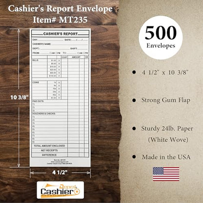500 Cashier Depot - Cashier’s Report Envelopes MT235 – 4 1/2" x 10 3/8", White 24lb Paper, Cash Deposit Report, Money Envelopes for Retail, Restaurants, Hotels, Small Business, Gum Flap, 500 Count