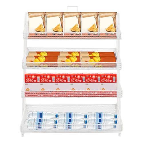 4 Tiers Retail Candy Display Rack, Snack Display Stand Metal Snack Organizer with Baskets, Snack Shelf For Countertop Wire Snack Spice Holder for Kitchen Supermarket (White)