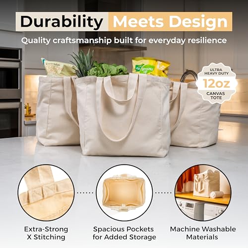 VeraMia Canvas Grocery Bag 3pc XL Set with Real Pockets, Long Shoulder Strap and Short Handle. Heavy Duty, Foldable, Washable - color: Beige