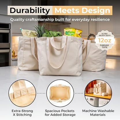 VeraMia Canvas Grocery Bag 3pc XL Set with Real Pockets, Long Shoulder Strap and Short Handle. Heavy Duty, Foldable, Washable - color: Beige