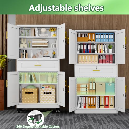 Lockable Metal Storage Cabinet, 74" Tall White Cabinet with Wheels - color: White-with Wheels, size: 15.74"D x 35.43"W x 74"H