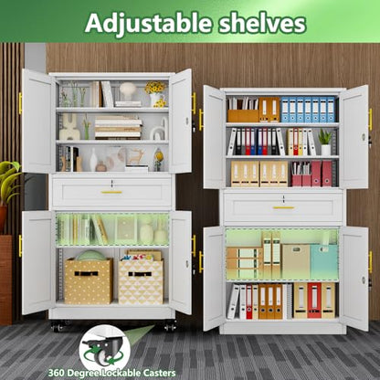 Lockable Metal Storage Cabinet, 74" Tall White Cabinet with Wheels - color: White-with Wheels, size: 15.74"D x 35.43"W x 74"H