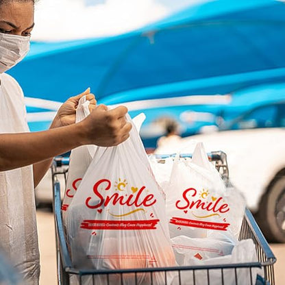 100 Pack White Smile Plastic Bag - 11.5"x6.5"x21" T-Shirt Grocery Bags with Handles, Cheerful Alternative to Thank You Bags, Bulk for Retail, Supermarkets & Small Business