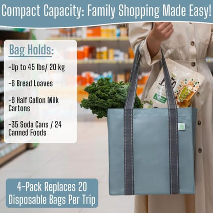 VENO 2/4 Pack Compact Reusable Grocery Shopping Bags with Hard Bottom - color: Light Blue