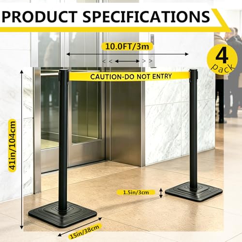 4 Pack Crowd Control Stanchions with Retractable Belts, 10FT Yellow Belt - color: CAUTION-DO NOT ENTER BELT