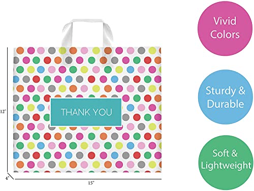 Purple Q Crafts Printed Polka Dot Thank You Bag. 50 PACK 15"x12". Frosted Soft Loop Shopping Bag with Gusset for Merchandise, Boutiques (15"x12") - size: Medium 15"x12"