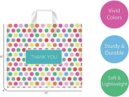 Purple Q Crafts Printed Polka Dot Thank You Bag. 50 PACK 15"x12". Frosted Soft Loop Shopping Bag with Gusset for Merchandise, Boutiques (15"x12") - size: Medium 15"x12"