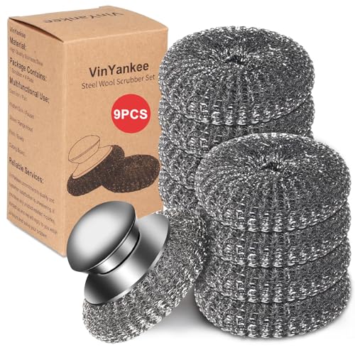 9Pcs Steel Wool Scrubber with Replacement Wire Sponge Pads Set, Stainless Steel Scrubber with Handle for Scouring Messes from Cast Iron, Frying pan, Pots, Pans, Grill, Stoves, Sink(1 Scrubber+8 Pads) - size: 1 Handle+8 Pads