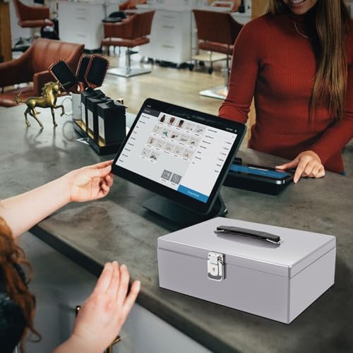 Flexzion Cash Box with Money Tray, Latch Lock, 11 x 7.7 x 3.5 Inch, Silver - color: Silver