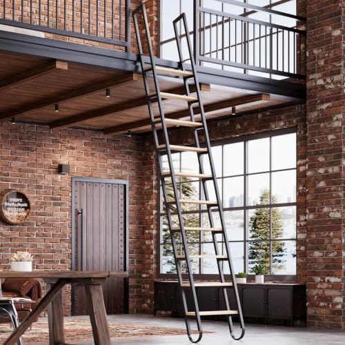 12.35FT Industrial Style Loft Ladder, 10 Steps with Black Steel Handrails & Solid Wood Steps, 450lbs Capacity, Fits 10.2-11FT Installation Height,for Attic, Kitchen, Warehouse,Bookshelf& Outdoor - size: 12.35 FT - 10Steps