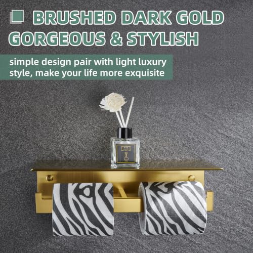 APLusee Brushed Gold Double Toilet Paper Holder with Shelf, Wall Mounted - color: Brushed Dark Gold, size: Double Rod