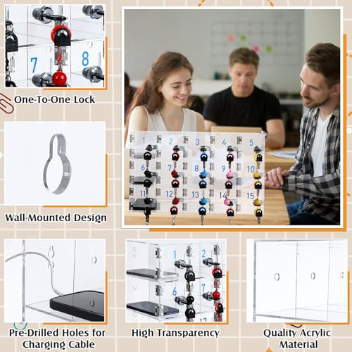 15 Doors Cell Phone Locker Box with Charging Hole (Upgrade Size), Clear Acrylic Cell Phone Storage Cabinet Wall Mounted, Locks, Key, Number for Classroom Employee Office School Factory - style: 15 Doors