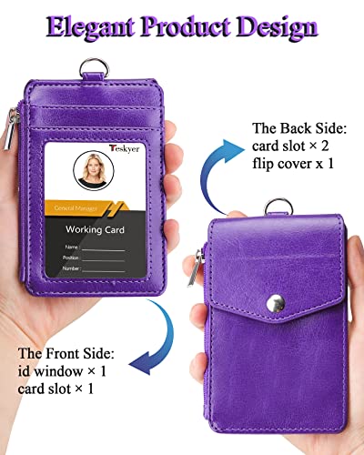 Teskyer Leather ID Badge Holder with Lanyard, Lanyard Wallet, Purple - color: Purple, size: 3.1" x 4.7"