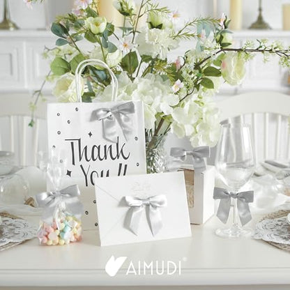 AIMUDI Silver Satin Ribbon Twist Tie Bows 3.5" Pretied Bows Premade Craft Bows for Treat Bags Cake Pop Gift Wrapping Basket Wedding Favors Cookie Candy Bagging Baby Shower - 50 Counts - color: Silver