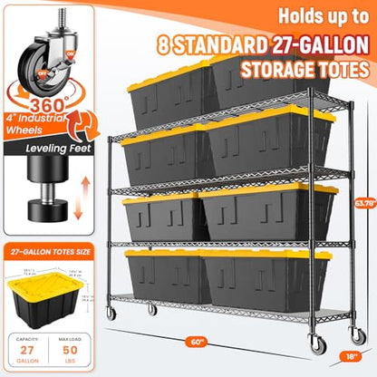 60" W Storage Shelves Wire Shelving withWheels, Heavy Duty Metal Garage Shelving,Adjustable Wire Rack with Liners, Fits 27-Gallon Totes, for Commercial & Warehouse,60" Wx 18" Dx63.78 H - size: 60" W x 18" D x 63.78" H-4 Tier