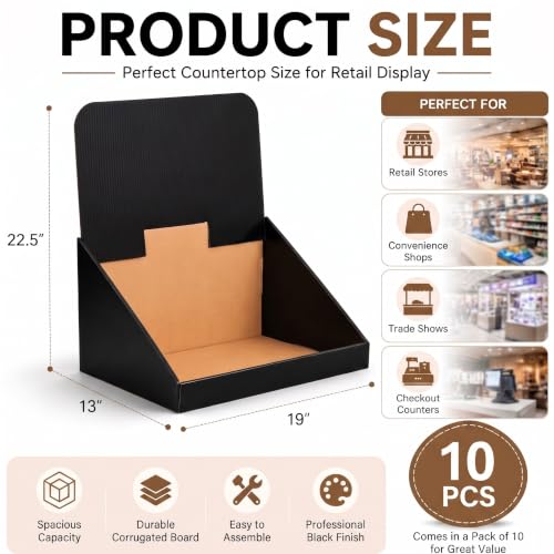 Geetery 10 Pack Black Cardboard Storage Bins, 19 x 13 x 22.5 Inch Corrugated Cardboard Display Bins with Removable Header, Tabletop Organizer Boxes for Retail Shelves Office Organization Exhibition