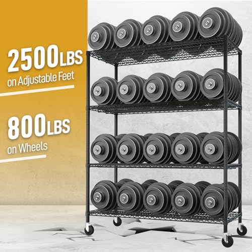 4-Tier Shelf, Adjustable Wire Metal Rack Shelving, Heavy Duty Standing Storage Shelves, Garage, Kitchen, Office, Bathroom, Shelfs Easy Assembly, 55" W x 23.6" D x 75.6" H Wheels, Black - color: Black, size: 4-tier 55.12"W x 23.62"D x 75.59"H Wheels