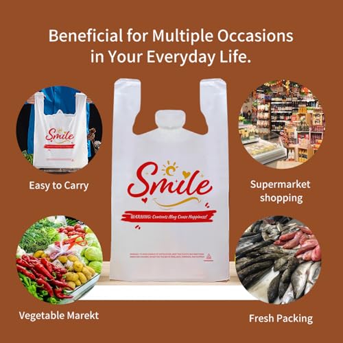 100 Pack White Smile Plastic Bag - 11.5"x6.5"x21" T-Shirt Grocery Bags with Handles, Cheerful Alternative to Thank You Bags, Bulk for Retail, Supermarkets & Small Business