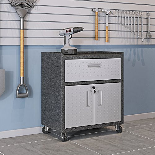 Manhattan Comfort Fortress Textured Metal 31.5" Garage Mobile Cabinet with 1 Full Extension Drawer and 2 Adjustable Shelves, Black/Gray - color: Black/Grey, style: Storage Cabinet