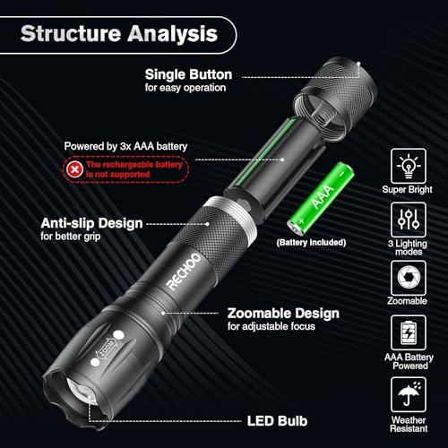 RECHOO 6-Pack LED Flashlight, Bright Small Flashlights High Lumens, 3 Modes, Battery-Powered Pocket Mini Flashlights, Flash Light Adjustable Focus, Waterproof Flashlights for Home Emergency Camping - color: Black, size: 6 Pack
