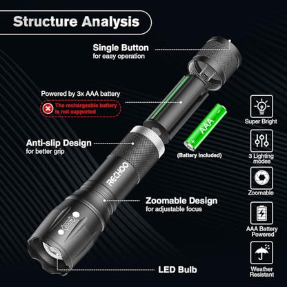 RECHOO 6-Pack LED Flashlight, Bright Small Flashlights High Lumens, 3 Modes, Battery-Powered Pocket Mini Flashlights, Flash Light Adjustable Focus, Waterproof Flashlights for Home Emergency Camping - color: Black, size: 6 Pack