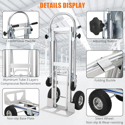 Aluminum Hand Truck, 3-in-1 Convertible Folding Cart with 770 lbs Capacity, Heavy Duty Dolly with Swivel Rubber Wheels & Brakes for Warehouse, Home, Moving, Industrial Use (Model: FST-HT01)