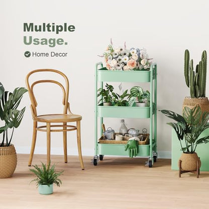 3 Tier Rolling Storage Cart Metal with Wheels,Sage Green Diaper Caddy Carts - color: Sage Green, size: 3 Tier + Cups + Hooks