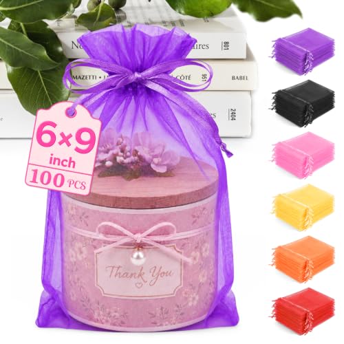 ANZNKU 100PCS Organza Bags 6x9, Purple Small Mesh Gift Bag Drawstring Bulk - color: Purple