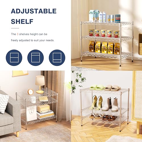 3-Tier Wire Shelf Rack,3-Shelves Metal Storage Rack with Lockable Wheels - size: 3-Tier,24"x14"x22"(WxDxH)