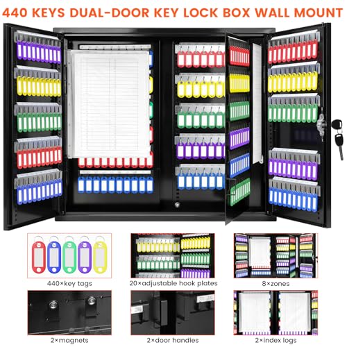 440 Keys Dual-Door Key Lock Box Wall Mount with 20 Adjustable Hook Plates - color: Black, size: 440 Keys