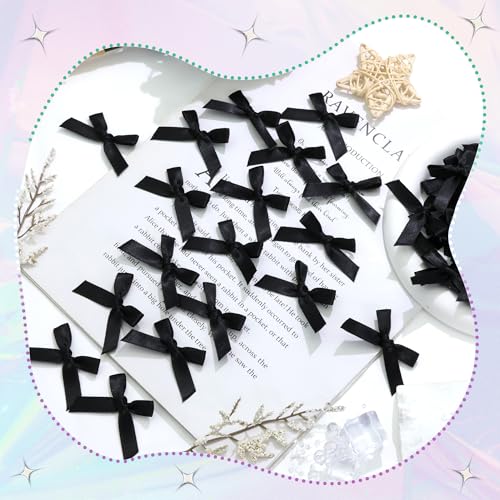60PCS Mini Bows for Craft 1.5"*2"Small Satin Black Ribbon Bow - color: Black