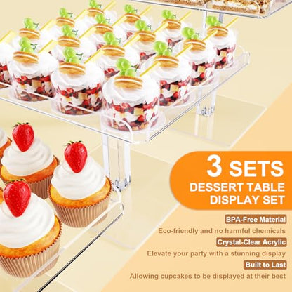 Bakzon 3 Piece Cupcake Stand, Acrylic Dessert Table Display Set, Clear Square Serving Trays for Birthday, Wedding, Baby Shower