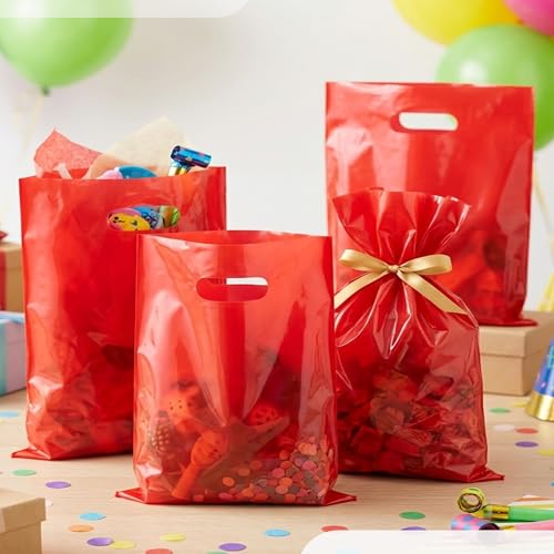 Choice Marts 100 Red Plastic Bags With Handles 12x15 Merchandise Bags - color: Red