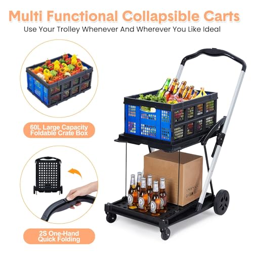 Foldable Shopping Cart, 1 Storage Crate, 2 Tier Collapsible Utility Cart - color: Blue