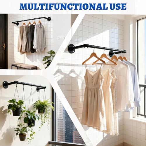 21" Industrial Pipe Clothing Rack,2pcs Black Heavy Duty Wall Mounted Clothe Racks,Multi Functional Clothes Hanger, Laundry Room, Closet Storage,Retail Display of Wardrobe