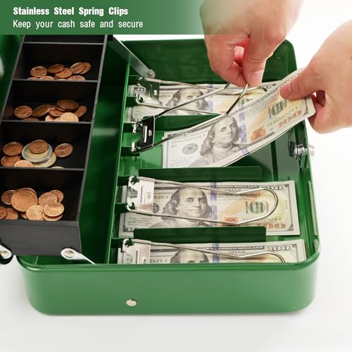Cash Box with Money Tray and Lock, Metal Money Box for Cash Register, Large Cash Lock Box for Money Safe Includes 5 Slots Coin Tray, 4 Bill Slots, 4 Keys, 11.8" x 9.4" x 3.54" Green - color: Green with 4 Keys