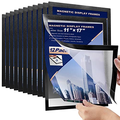 12 Pcs Magnetic Signs Holder, for 11" x 17" Letter, Sturdy PVC Magnetic Document Holder, Magnetic Picture Poster Frame, Can Self-Adhesive Wall/Door/Window or Magnetic for Refrigerator - size: 12 Pcs- 11"×17"