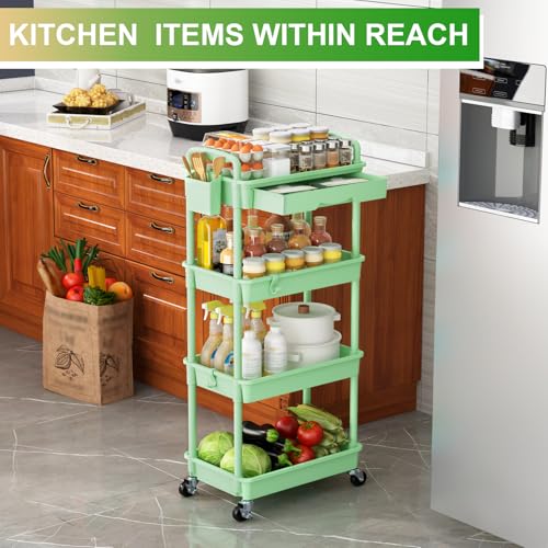 Goovilla 4 Tier Rolling Utility Cart Organizer with Removable Drawer, Green - size: 4 Tier, style: Green