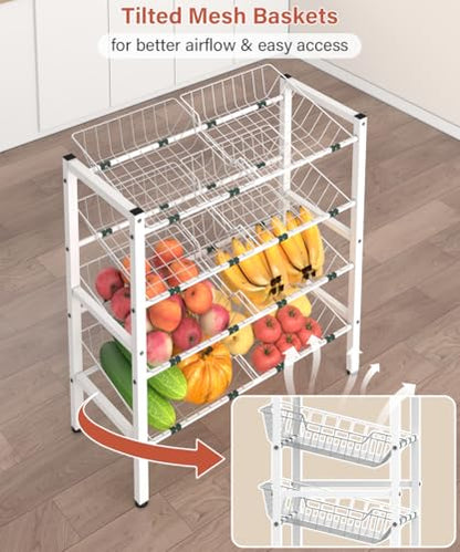 4-Tier Fruit and Vegetable Storage Rack, Freestanding Snack Stand Shelf with 8 Removable Baskets, Small Kitchen Island for Pantry Floor Organization, White