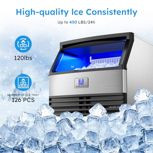 Mojgar Commercial Ice Maker Machine, 450 lbs/24H with 120 lbs Storage Bin - color: Black Blue