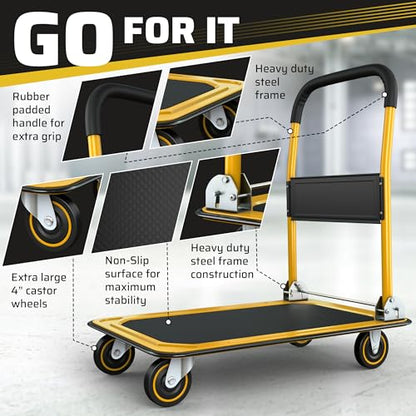 Heavy Duty Foldable Push Cart Dolly | 330 lbs. Capacity | Upgraded Collapsible Hand Truck Folding Platform with Swivel Wheels | Flat Bed Moving Wagon | Space Saving Push Handle (Yellow) - color: Yellow, 330 Lbs. Capacity